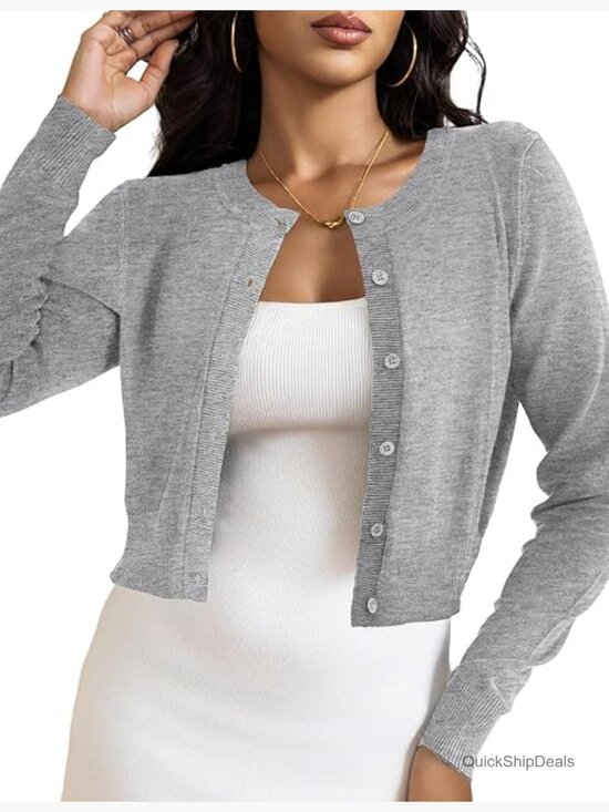 Sweaters - Cropped Cardigan Bolero Shrug, Button Down Long Sleeve Knit Sweater
